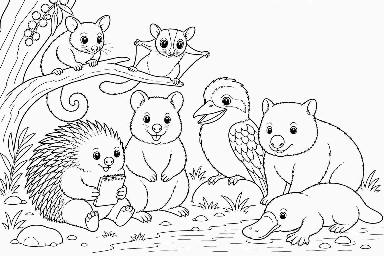 Colouring page with the Gumtree Neighbourhood Australian animal friends